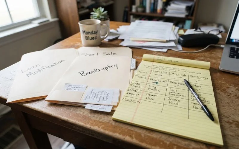 A homeowner sitting at a table with a notepad, comparing a list of foreclosure options like modification, bankruptcy, and short sale