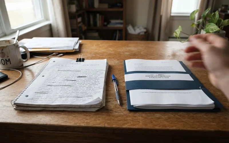 A homeowner comparing a self-filed answer form against a formal legal document while deciding whether to hire an attorney