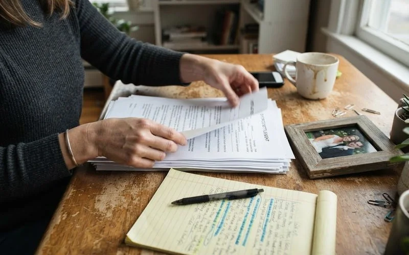 A couple in the process of divorce reviewing mortgage and property division paperwork with separate folders on the table