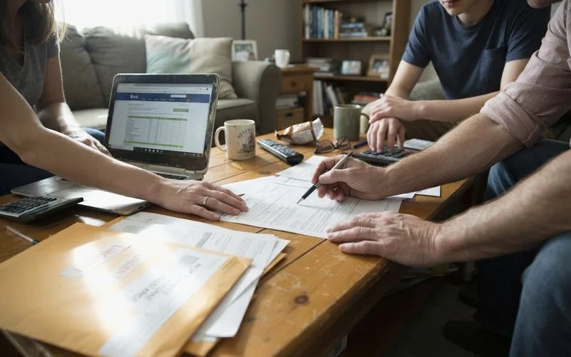 A family sitting in their living room reviewing foreclosure paperwork together while remaining in their home during the case