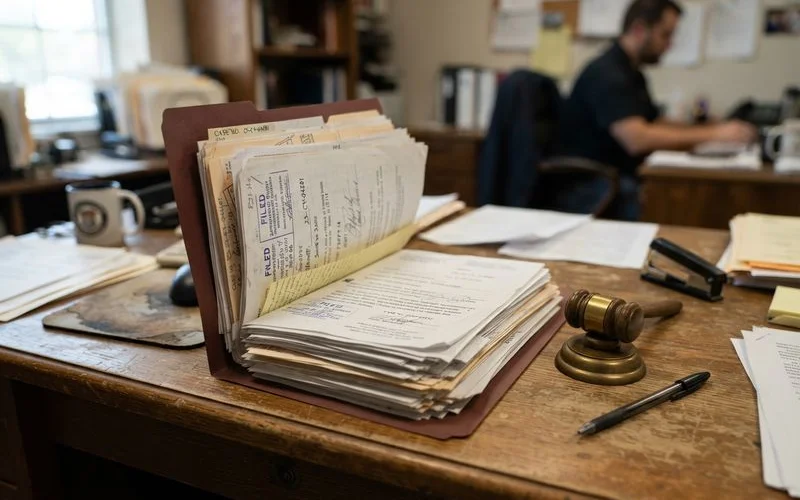 A courtroom hallway with case files and a foreclosure summons document being reviewed before a scheduled hearing