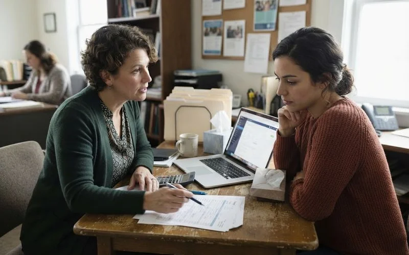 A homeowner speaking with a housing counselor across a desk, reviewing paperwork and free assistance program options