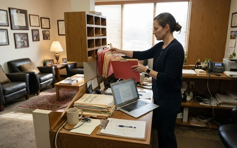A researcher at a desk comparing printed foreclosure attorney profiles against a laptop screen showing a ranked directory list
