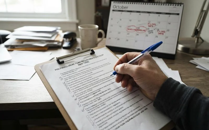 A homeowner reading a printed summary of New York foreclosure notice requirements next to a folder of mortgage paperwork