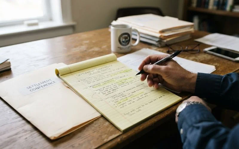A homeowner and attorney seated at a table preparing income documents and paperwork ahead of a scheduled court settlement conference