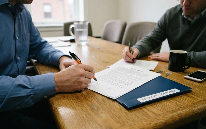 A homeowner and attorney reviewing a written fee agreement and cost breakdown together across a desk during a consultation