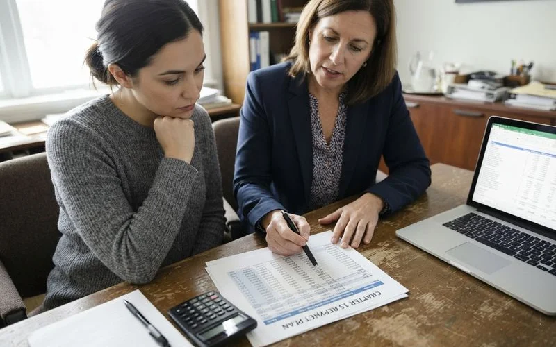 A homeowner and bankruptcy attorney reviewing a proposed Chapter 13 repayment plan and arrears schedule on paper