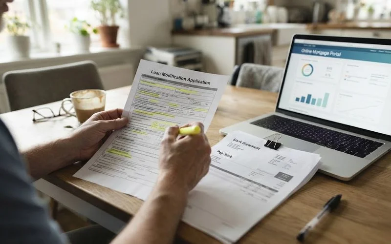 A homeowner reviewing a loan modification application and denial letter with an attorney at a desk