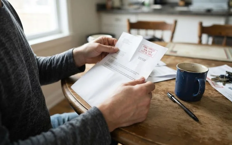 A homeowner reviewing mortgage default paperwork and a pre-foreclosure notice letter at a kitchen table with a laptop nearby