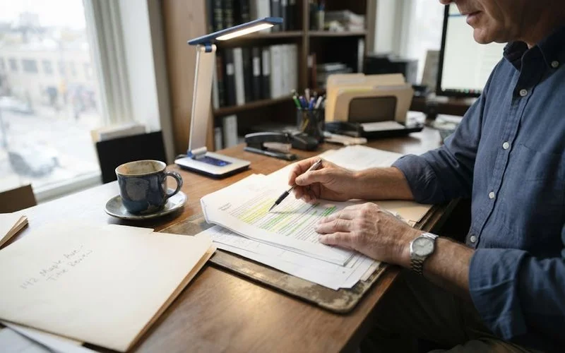 A real estate attorney reviewing a title report and closing documents for a bank owned foreclosed property purchase
