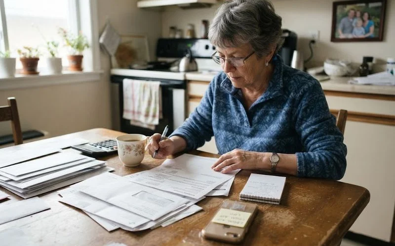 An older homeowner reviewing mortgage paperwork with an adult family member, discussing reverse mortgage or veteran loan options