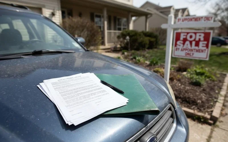 A for sale sign in front of a house alongside a folder of short sale paperwork being reviewed by a homeowner